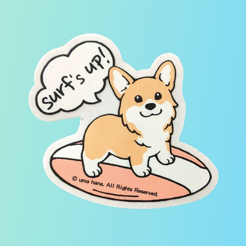 Waterproof Surfing Corgi Sticker Decal Beach Ocean Puppy Die Cut
